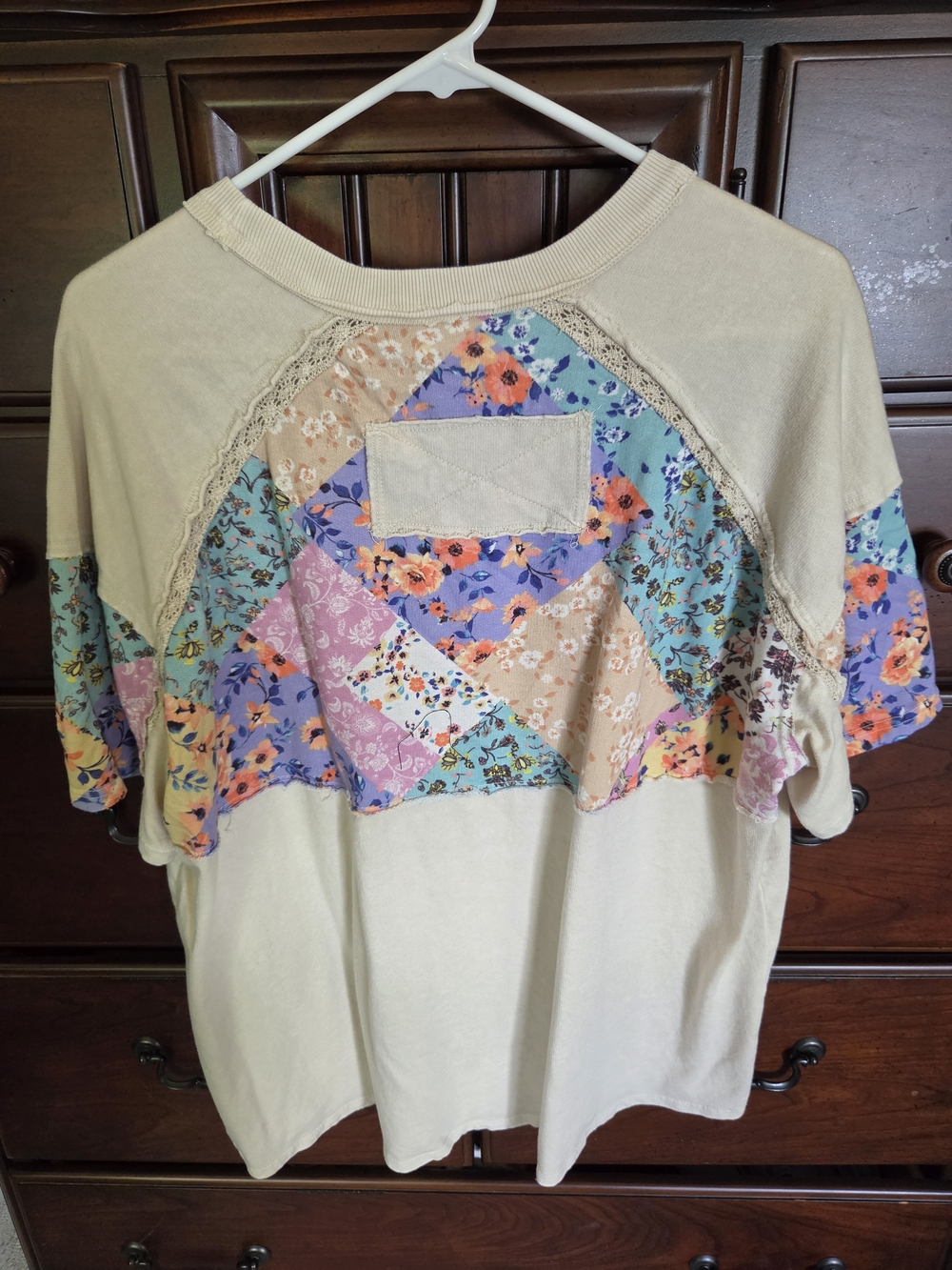 J. Her, Cream Patchwork Floral Short Sleeve Top